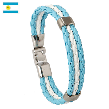 Flag Color Imitation Leather Triple Line Cord Bracelet with Alloy Clasp, Argentina Theme Jewelry for Women, Light Sky Blue, 8-5/8 inch(22cm)