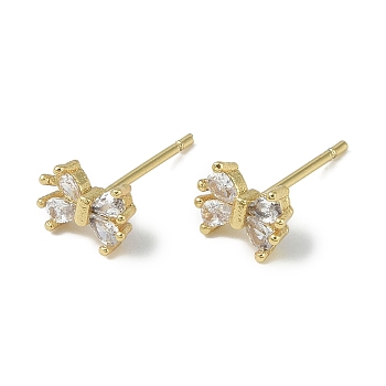 Rack Plating Brass With Cubic Zirconia Stud Earrings, Long-Lasting Plated, Lead Free & Cadmium Free, Bowknot, Real 18K Gold Plated, 6x8mm