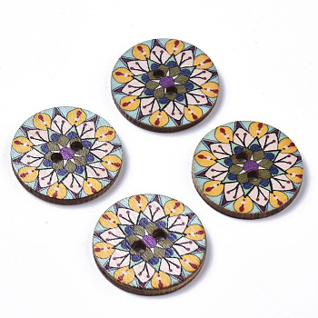 2-Hole Printed Wooden Buttons, Flat Round with Floral Pattern, Undyed, Colorful, 25x2.5~3mm, Hole: 2mm