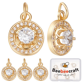 Beebeecraft 8Pcs Brass Micro Pave Clear Cubic Zirconia Charms, with Jump Ring, Cadmium Free & Nickel Free & Lead Free, Flat Round Charm, Real 18K Gold Plated, 13x10x4.5mm, Hole: 3.5mm