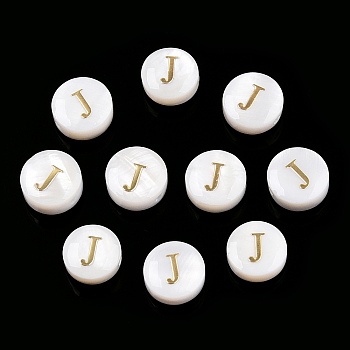 Natural Freshwater Shell Beads, with Golden Plated Brass Etched Metal Embellishments, Flat Round with Letter, Letter J, 7.5~8x4~5mm, Hole: 0.8mm