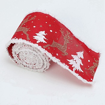Christmas Theme Wired Linen Ribbon, Fuzzy Edged Ribbon, Deer & Christmas Tree Print, FireBrick, 2-1/2 inch(65mm), about 10.94 Yards(10m)/Roll