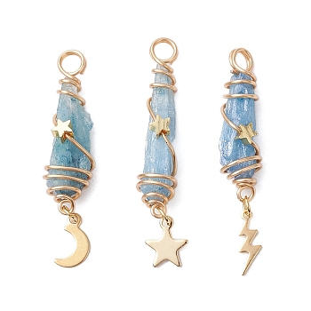 3Pcs 3 Styles Electroplated Natural Quartz Crystal Nuggets Copper Wire Wrapped Pendants, with Brass Moon Star Lightning Bolt, Light Gold, Sky Blue, 43.5~46x7.5~13.5x8~10mm, Hole: 3.5mm, 1pc/style