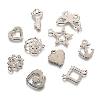 Mixed Shapes 201 Stainless Steel Pendants, Stainless Steel Color, 10~18x7~17x1mm, Hole: 1~2mm