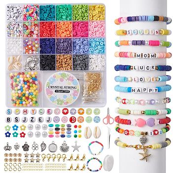 DIY Bracelet Necklace Making Kit, Including Polymer Clay & Acrylic & Natural Shell & Plastic Beds, Alloy Pendants, Flower & Imitation Pearl & Leaf & Crown & Heart, Scissors, Mixed Color