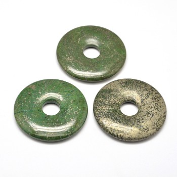 Donut/Pi Disc Natural Dyed Pyrite Pendants, Green, Donut Width: 19~20mm, 48~50x6mm, Hole: 10mm