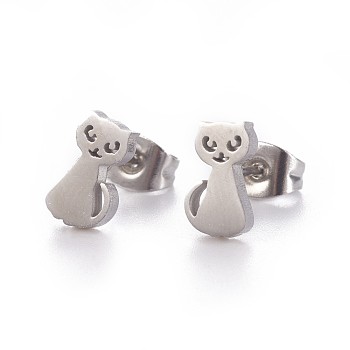 304 Stainless Steel Kitten Stud Earrings, Hypoallergenic Earrings, with Ear Nuts/Earring Back, Cat Silhouette, Stainless Steel Color, 9x5mm, Pin: 0.8mm, 12pairs/card