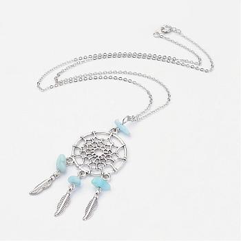 Alloy Pendant Necklaces, Woven Net/Web with Feather, with Natural Larimar Beads and Brass Chain, Antique Silver and Platinum, 17.9 inch(455mm)
