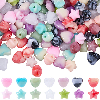 200Pcs 2 Styles Opaque Acrylic Beads, Imitation Gemstone, Star & Heart, Mixed Color, 11~11.5x10.5~11.5x6~9.5mm, Hole: 1.6~2mm, 100pcs/style