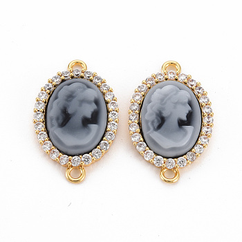 Brass Clear Cubic Zirconia Links Connectors, with Resin, Nickel Free, Oval with Woman, Real 18K Gold Plated, Gray, 22x14x4mm, Hole: 1.5mm