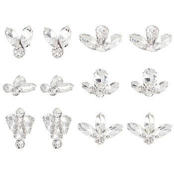 12Pcs 6 Style Sew on Rhinestone, Glass Cabochons(Hot Melt Adhesive On The Back), with Iron Prong Settings, Garments Accessories, Mixed Shapes, Crystal, 15x26x6mm, Hole: 1mm, 2pcs/style