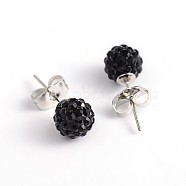 Polymer Clay Rhinestone Ball Stud Earrings, with Steel Pins, Jet, 8~9mm, Pin: 0.8mm(EJEW-O041-02I)