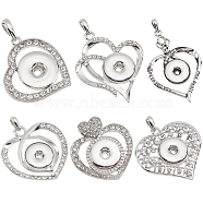 Elite 6Pcs 6 Style Heart Alloy Rhinestone Hang Snap Base Big Pendants, for Interchangeable Snap Charms Jewelry Making, Platinum, 34.5~68x31~48x4.5~10mm, hole: 4~5x7~9.5mm, Inner Diamteter: 4~6mm, 1Pc/style(ALRI-PH0001-29)