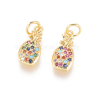 Brass Micro Pave Cubic Zirconia Pendants, with Jump Rings, Long-Lasting Plated, Pineapple, Colorful, Golden, 14x6.5x2.5mm, Hole: 3mm(X-ZIRC-L093-27G)