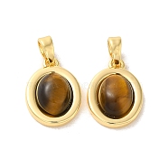 Natural Tiger Eye Pendants, Brass Oval Charms, Real 18K Gold Plated, 15.5x11x5mm, Hole: 4x3mm(KK-H461-05G)