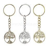 3Pcs 3 Colors Tibetan Style Alloy Keychains, with Iron Split Key Rings, Flat Round with Tree of Life, Mixed Color, 8cm, Pendant: 29x25x1.5mm, 1pc/color(KEYC-JKC00693)