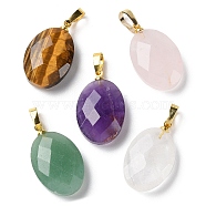 Natural Mixed Gemstone Pendants, Faceted Oval Charms with Golden Plated Brass Snap on Bails, 21.8x13.4~13.5x6.2mm, Hole: 5.3x3.7mm(G-E603-03G)