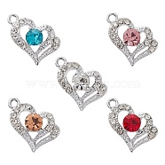 5Pcs 5 Colors Alloy Rhinestone Pendants, Silver Color, Heart Charms, Mixed Color, 20.5x13x5mm, Hole: 2mm, 1Pc/color(FIND-YW0003-83)