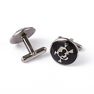 Flat Round with Skull 304 Stainless Steel Enamel Cufflinks, Stainless Steel Color, 19.5mm(STAS-H317-96)