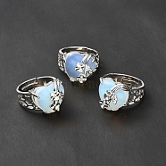 Opalite Adjustable Rings, Platinum Tone Heart with Flower Brass Rings for Women, Cadmium Free & Lead Free, US Size 6 3/4(17.1mm), 4.5~9mm(RJEW-P043-03P-11)
