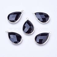 Silver Color Plated Brass Glass Teardrop Pendants, Faceted, Black, 18x10x5mm, Hole: 2mm(GLAA-M006-A-12S)