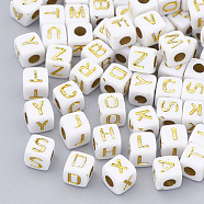 Plated Acrylic Beads, Metal Enlaced, Horizontal Hole, Cube with Alphabet, Golden Plated, 4.5x4.5x4.5mm, Hole: 3mm, about 5000pcs/500g(SACR-N002-06A)