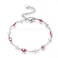 304 Stainless Steel Link Bracelets, with Enamel and Lobster Claw Clasps, Evil Eye & Cross, Stainless Steel Color, Red, 7-1/4 inch(18.5cm)(BJEW-M203-06P-B)