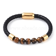 Round Natural Tiger Eye Bead Bracelets, Braided Leather Cord Bracelets with Ion Plating(IP) Golden Tone 304 Stainless Steel Magnetic Clasps, for Men Women, 8 inch(20.3cm), 6~10mm(BJEW-A009-08G-01)