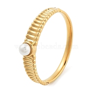 Ion Plating(IP) 304 Stainless Steel Hinged Bangles for Women, with Round Plastic Imitation Pearl, Golden, 1/2 inch(1.3cm), Inner Diameter:  2-3/8x2 inch(6x5.2cm)(BJEW-Z068-01G)