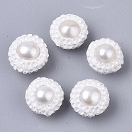 Polymer Clay Rhinestone Beads, with Natural Cultured Freshwater Pearl, Flat Round, White, 12~13x8~9mm, Hole: 0.7mm(RB-S055-40M)