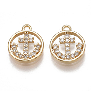 Brass Micro Pave Cubic Zirconia Charms, Nickel Free, Real 18K Gold Plated, Flat Round with Anchor, Clear 11x9x1mm, Hole: 1mm(KK-T038-368G)