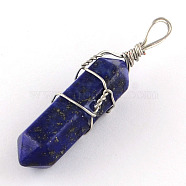 Dyed Natural Lapis Lazuli Stone Double Terminated Pointed Pendants, with Platinum Plated Iron Findings, Bullet, 38~45x8x8mm, Hole: 4mm(G-R278-45)