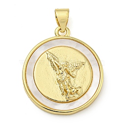 Rack Plating Brass Pave Shell Flat Round Pendants, Real 18K Gold Plated, Lead Free & Cadmium Free, Long-Lasting Plated, Angel & Fairy, 22.5x20x3.5mm, Hole: 6x3.5mm(KK-Z063-11G-01)