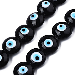 Handmade Evil Eye Lampwork Beads Strands, Flat Round, Black, 14~16x16~17x8.5~9mm, Hole: 1mm, about 25pcs/strand, 14.96 inch(38cm)(LAMP-N029-009B)