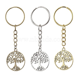 3Pcs 3 Colors Tibetan Style Alloy Keychains, with Iron Split Key Rings, Flat Round with Tree of Life, Mixed Color, 8cm, Pendant: 29x25x1.5mm, 1pc/color(KEYC-JKC00693)