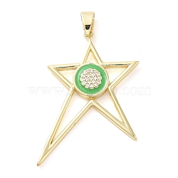 Real 18K Gold Plated Brass Clear Cubic Zirconia Pendants, with Enamel, Star, Lime Green, 40x29x3.5mm, Hole: 6.5x3.7mm(KK-A198-23G-03)