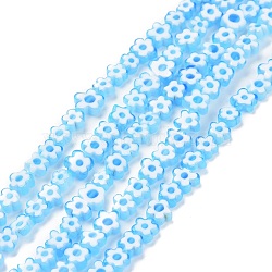 Handmade Millefiori Glass Bead Strands, Flower, Light Blue, 5.5~8x2.5mm, Hole: 1mm, about 64~67pcs/strand, 15.75 inch~16.34 inch(40~41.5cm)(LAMP-J035-6mm-59)