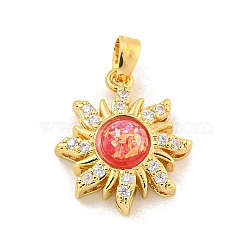 Rack Plating Brass Cubic Zirconia Pendants, with Resin, Long-Lasting Plated, Lead Free & Cadmium Free, Sun, Real 18K Gold Plated, Red, 19x16.5x6.5mm, Hole: 3mm(KK-H476-11G-04)