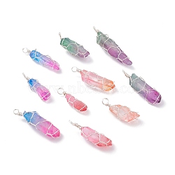 Natural Dyed Quartz Pointed Pendants, with Silver Eco-Friendly Copper Wire, Bullet, Colorful, 30.5~51x8~14x7~12mm, Hole: 4mm(PALLOY-JF01110)