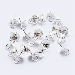 925 Sterling Silver Cup Pearl Bail Pin Pendants, For Half Drilled Beads, Silver, 7x4mm, Hole: 1.5mm, Pin: 0.6mm(STER-F036-04S-4mm)