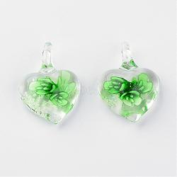 Handmade Luminous Lampwork Pendants, with Inner Flower, Heart, Light Green, 27~33x21~23x9~11mm, Hole: 4~7mm(LAMP-R136-04E)