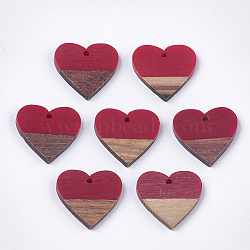 Resin & Walnut Wood Pendants, Heart, Brown, 24x25x3.5~4mm, Hole: 2mm(X-RESI-S358-81B)