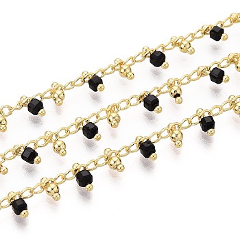 Brass Curb Chains, with Natural Black Agate Beads, Soldered, with Spool, Long-Lasting Plated, Golden, Soldered, Cube, 5~6x2~2.5x2~2.5mm