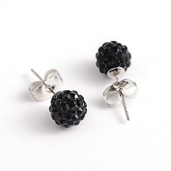 Polymer Clay Rhinestone Ball Stud Earrings, with Steel Pins, Jet, 8~9mm, Pin: 0.8mm