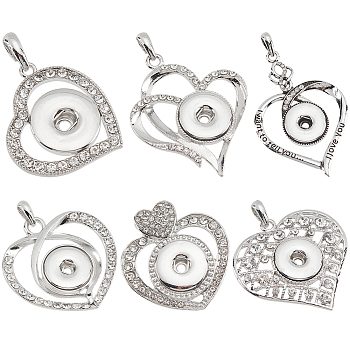 Elite 6Pcs 6 Style Heart Alloy Rhinestone Hang Snap Base Big Pendants, for Interchangeable Snap Charms Jewelry Making, Platinum, 34.5~68x31~48x4.5~10mm, hole: 4~5x7~9.5mm, Inner Diamteter: 4~6mm, 1Pc/style