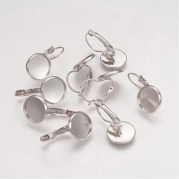 Brass Leverback Earring Findings, Flat Round, Platinum, 13~14x25~27mm, Tray: 12mm, Pin: 0.5mm
