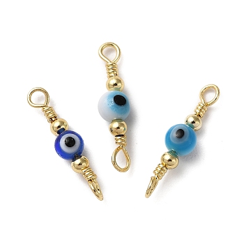 Evil Eye Glass Connector Charms, Round Links with Rack Plating Brass Wire Double Loops, Lead Free & Cadmium Free, Real 18K Gold Plated, Long-Lasting Plated, Mixed Color, 17.5x4mm, Hole: 1.6mm