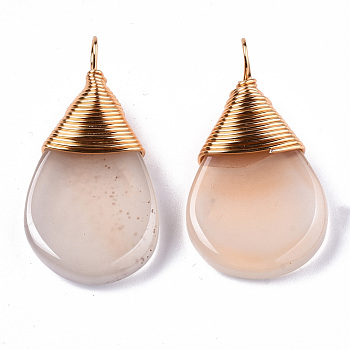 Natural White Agate Pendants, Gold Copper Wire Wrapped Pendants, Teardrop, 37~40x19~21x9~10mm, Hole: 3~4mm