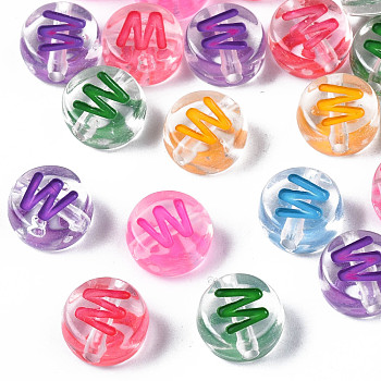 Transparent Clear Acrylic Beads, Horizontal Hole, Flat Round with Mixed Color Letter, Letter.W, 7x3.5mm, Hole: 1.2mm, about 3700pcs/500g