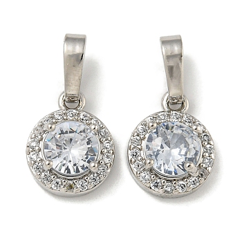 Brass Micro Pave Cubic Zirconia Pendants, Cadmium Free & Lead Free, Flat Round, Platinum, 11x9x4mm, Hole: 3.5x6mm